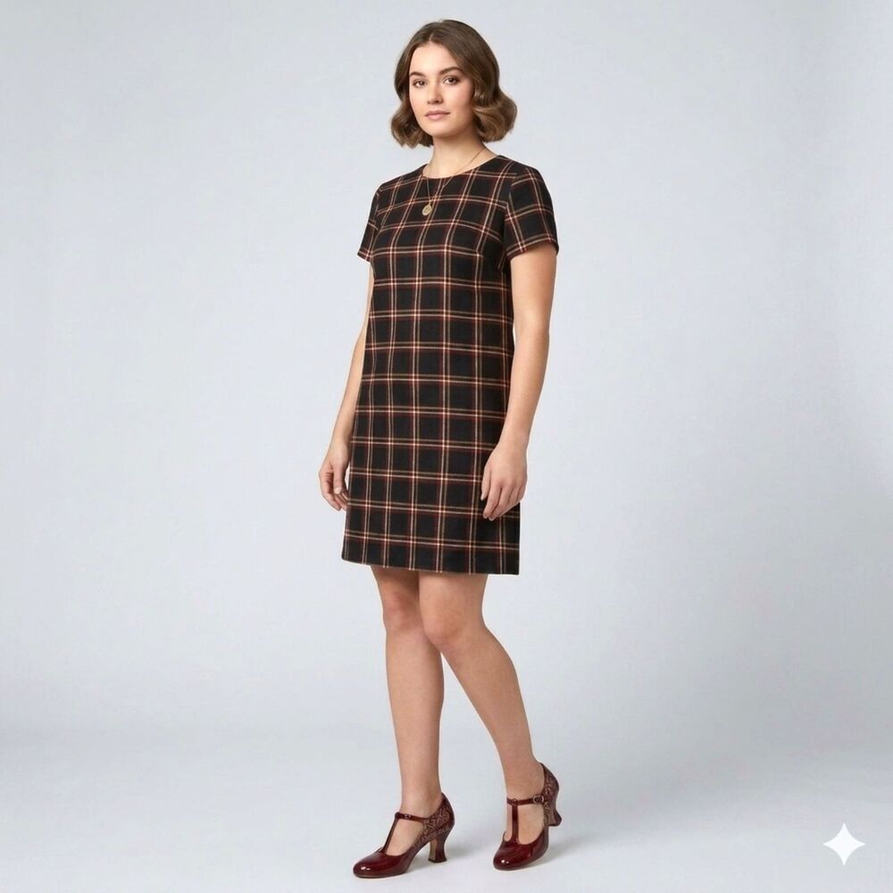 Loft Plaid Woven Shift Dress Large Petite Brown Knee Length Retro Vintage Style
